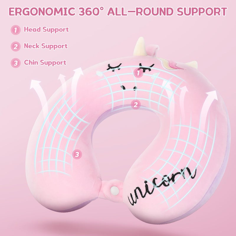 OBloved Kids Neck Pillow, Unicorn Kids Travel Neck Pillow for Traveling with Eye Mask, Toddler Travel Essentials for Road Trip Airplane Car Seat, Cute Headrest Memory Foam Pillows for Girl Gift (Pink) - Image 4